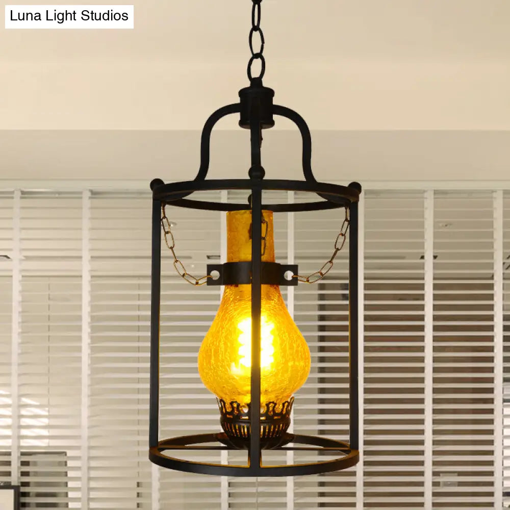Vintage Black Crackle Glass Hanging Lantern Ceiling Pendant Light - Indoor Use