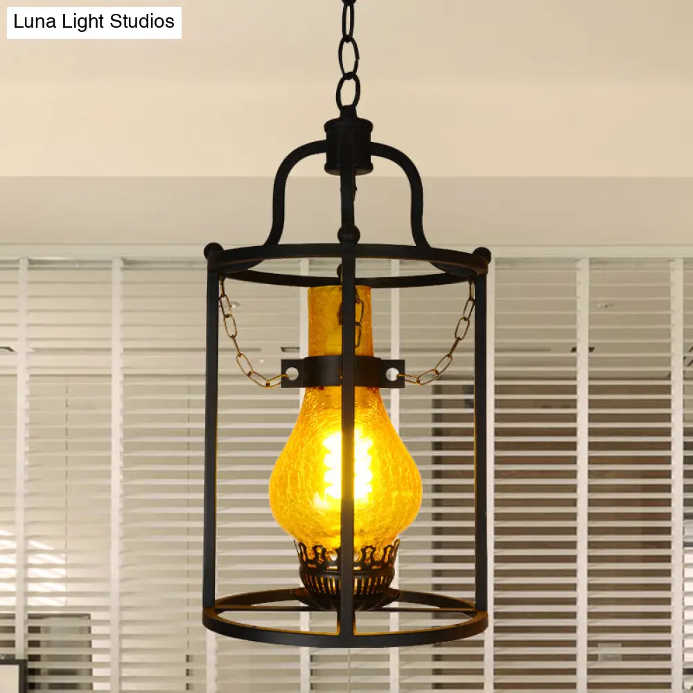 Vintage Black Crackle Glass Lantern Pendant Light For Indoors - 1-Light Ceiling Lamp