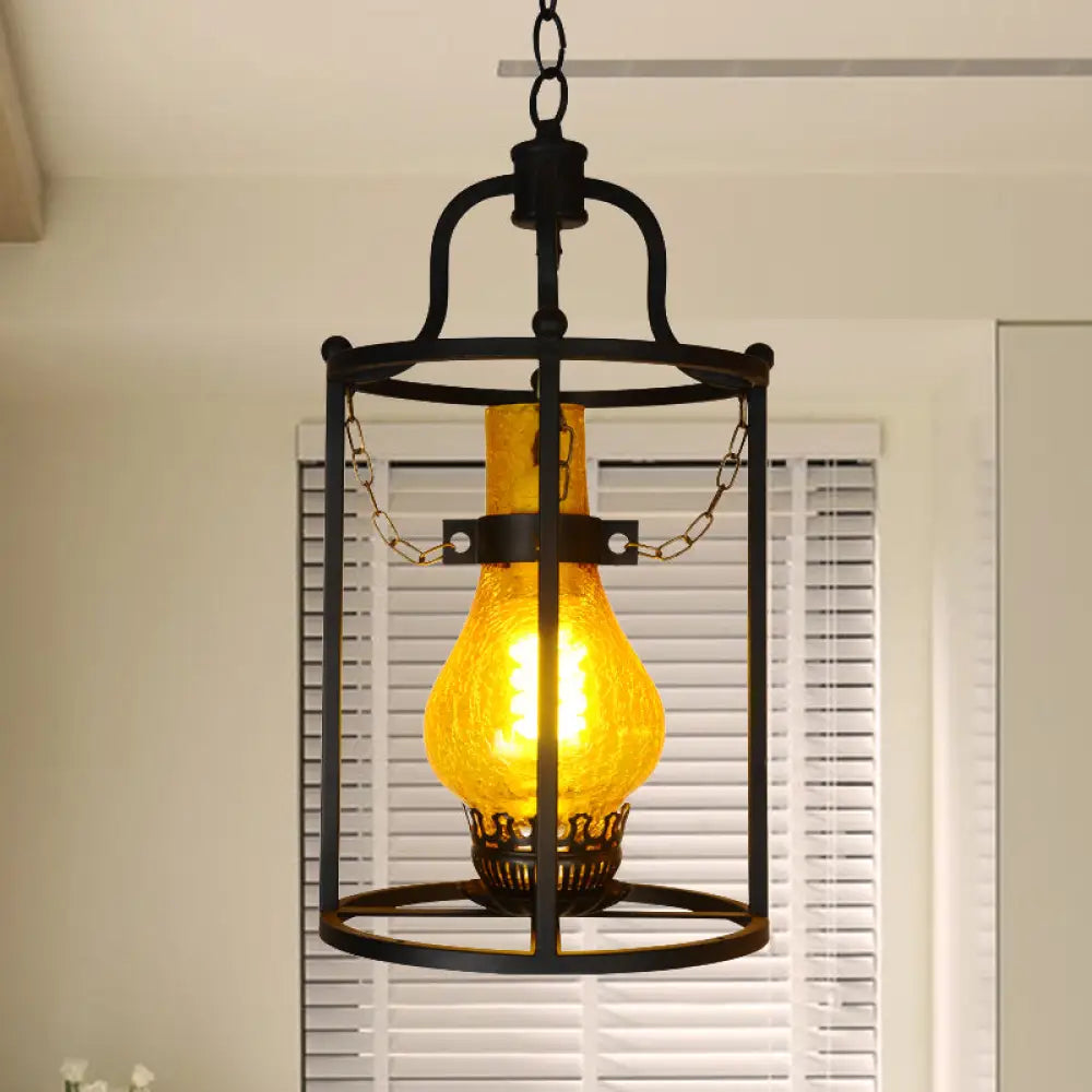 Vintage Black Crackle Glass Lantern Pendant Light For Indoors - 1-Light Ceiling Lamp Yellow