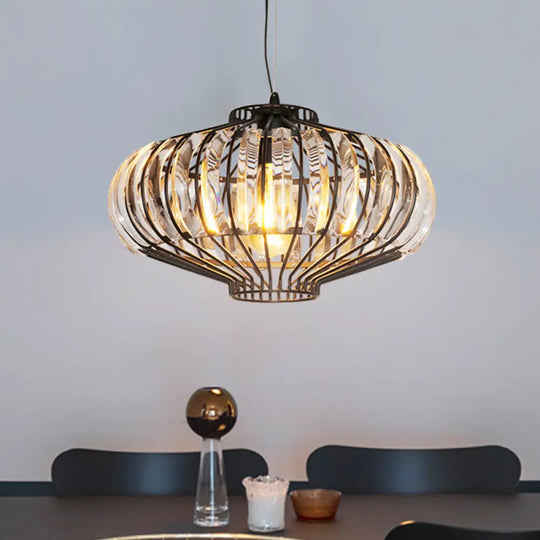 Vintage Black Crystal Pendant Ceiling Lamp With Lantern-Shaped Shade