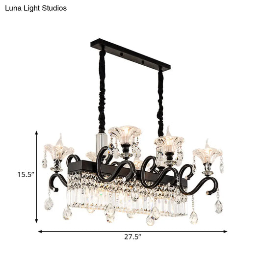 Vintage Black Crystal Prism Island Pendant Lamp - 9 Lights With Flared Suspension And Scroll Arm