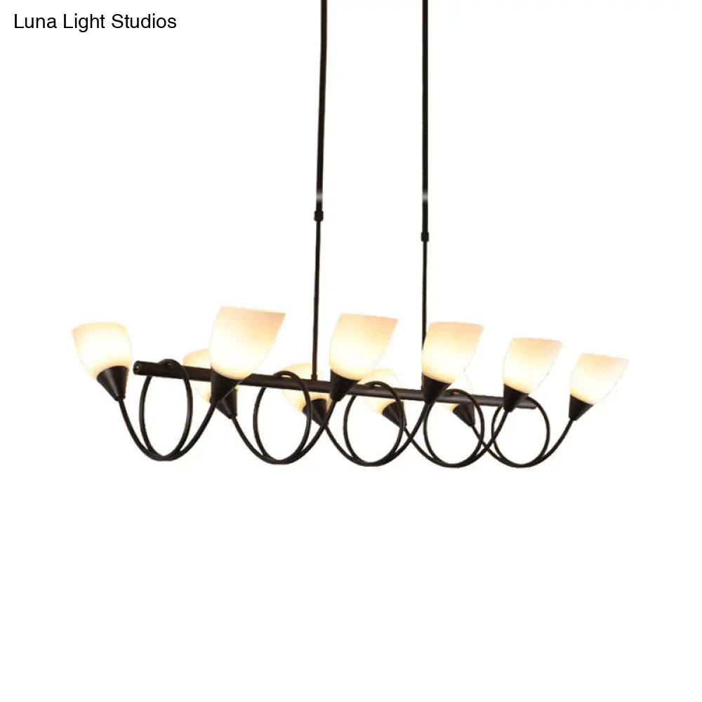 Vintage Black Cup Chandelier Light - 6/8/10 Lights White Glass Led Pendant Lamp With Linear Design