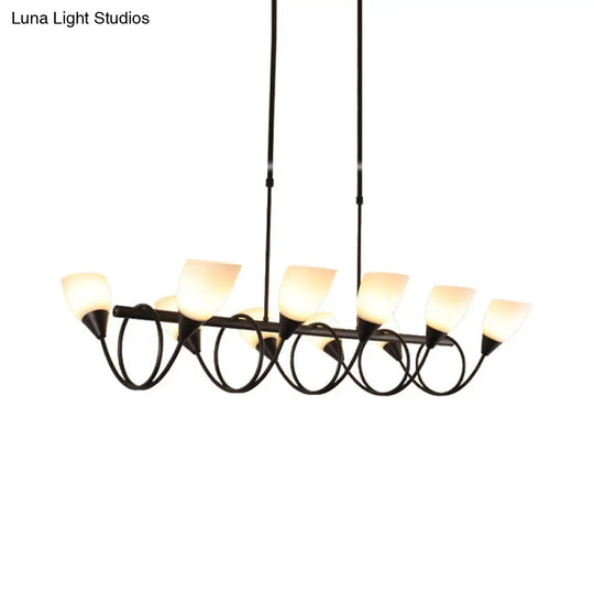 Vintage Black Cup Chandelier Light - 6/8/10 Lights White Glass Led Pendant Lamp With Linear Design