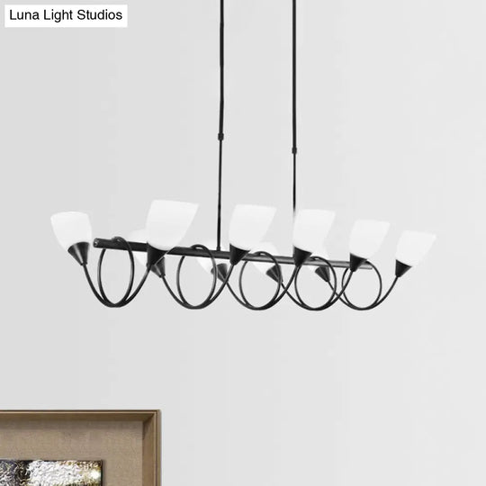 Vintage Black Cup Chandelier Light - 6/8/10 Lights White Glass Led Pendant Lamp With Linear Design