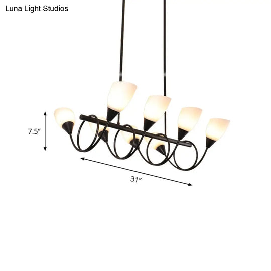 Vintage Black Cup Chandelier Light - 6/8/10 Lights White Glass Led Pendant Lamp With Linear Design