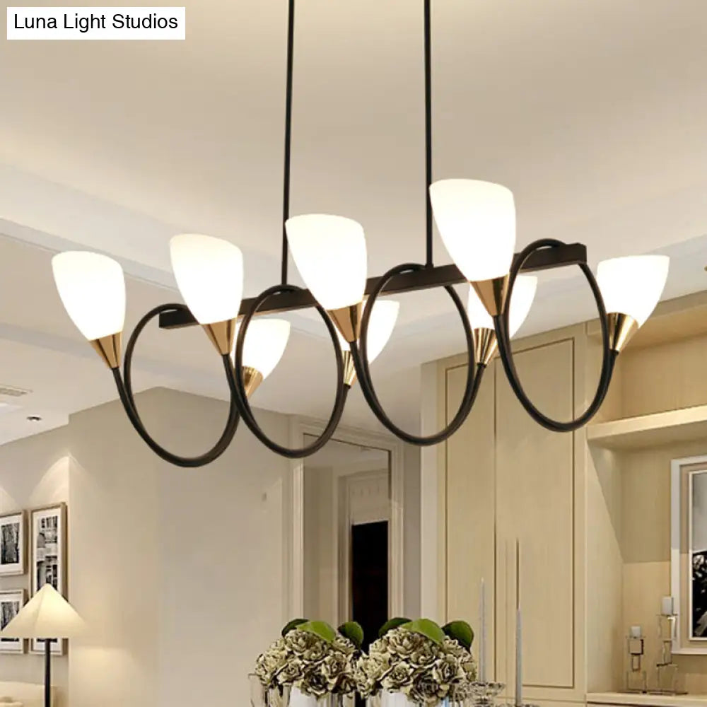 Vintage Black Cup Chandelier Light - 6/8/10 Lights White Glass Led Pendant Lamp With Linear Design