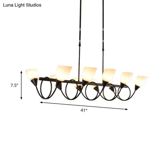 Vintage Black Cup Chandelier Light - 6/8/10 Lights White Glass Led Pendant Lamp With Linear Design