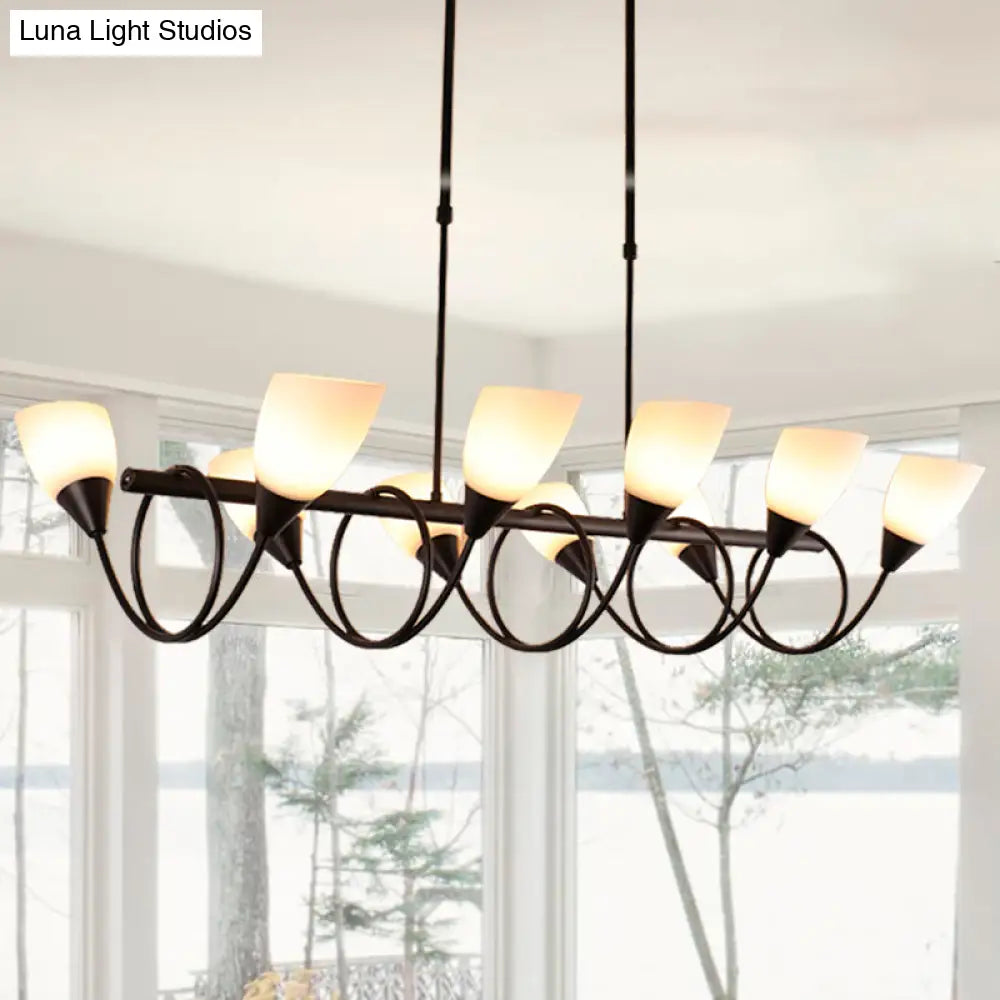 Vintage Black Cup Chandelier Light - 6/8/10 Lights White Glass Led Pendant Lamp With Linear Design