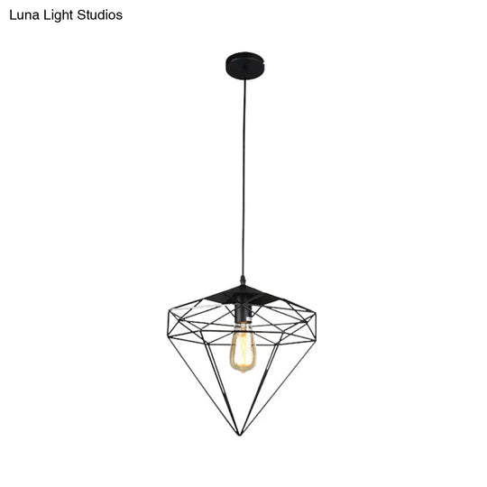 Vintage Black Diamond Cage Iron Hanging Lamp - Single-Bulb Dining Room Pendant Light / A