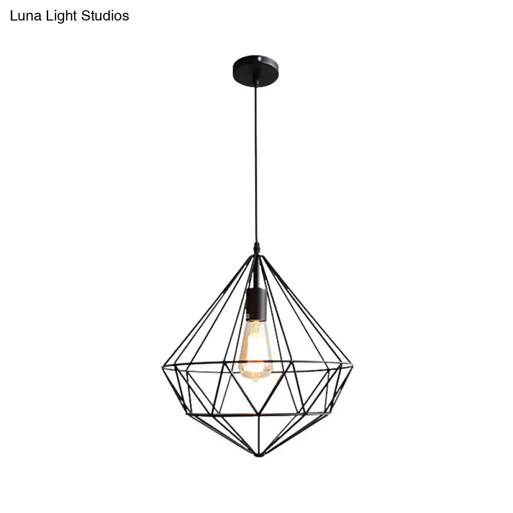 Vintage Black Diamond Cage Iron Hanging Lamp - Single-Bulb Dining Room Pendant Light / C