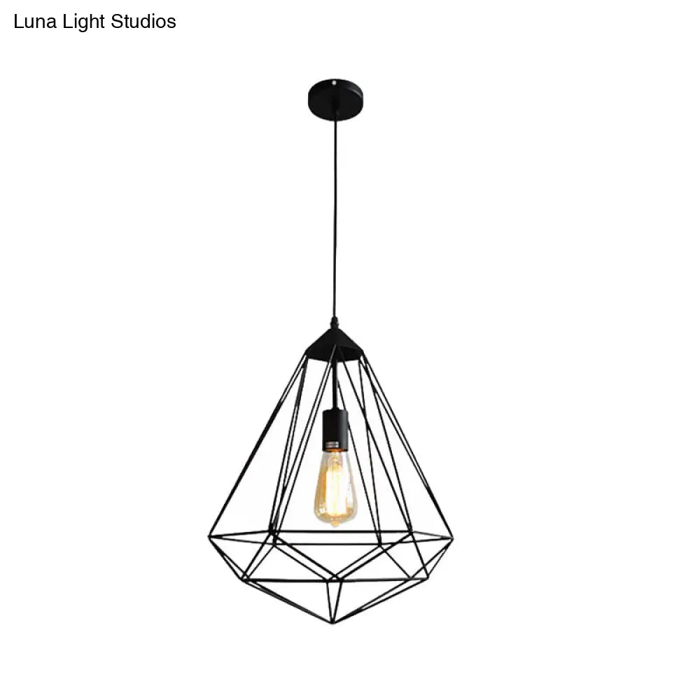 Vintage Black Diamond Cage Iron Hanging Lamp - Single-Bulb Dining Room Pendant Light / B