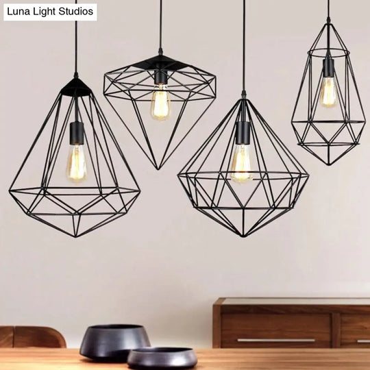 Vintage Black Diamond Cage Iron Hanging Lamp - Single-Bulb Dining Room Pendant Light