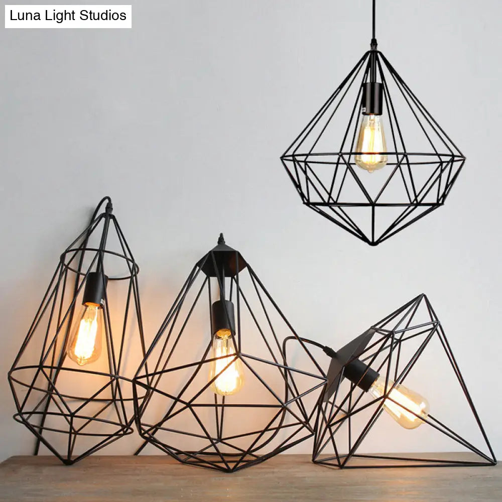 Vintage Black Diamond Cage Iron Hanging Lamp - Single-Bulb Dining Room Light