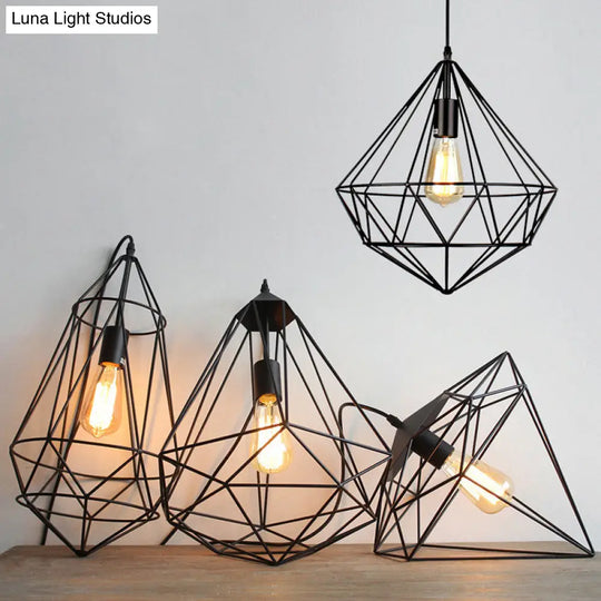 Vintage Black Diamond Cage Iron Hanging Lamp - Single-Bulb Dining Room Light