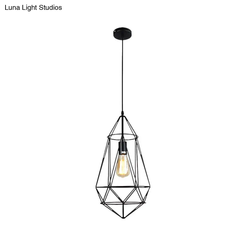 Vintage Black Diamond Cage Iron Hanging Lamp - Single-Bulb Dining Room Pendant Light / D