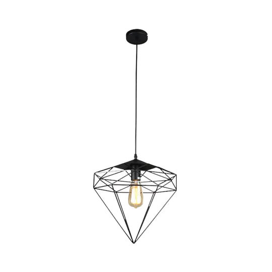 Vintage Black Diamond Cage Iron Hanging Lamp - Single-Bulb Dining Room Light / A