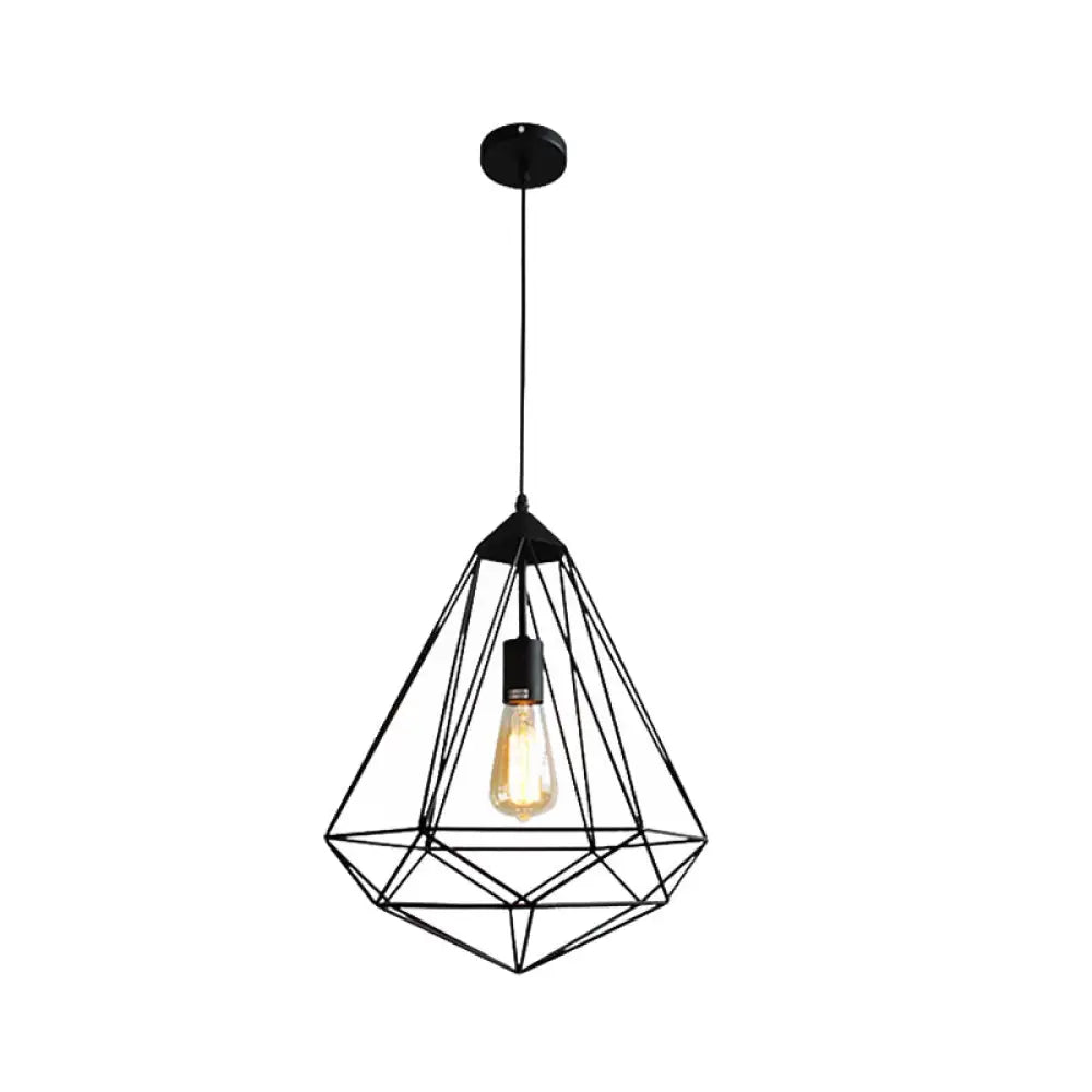 Vintage Black Diamond Cage Iron Hanging Lamp - Single-Bulb Dining Room Light / B