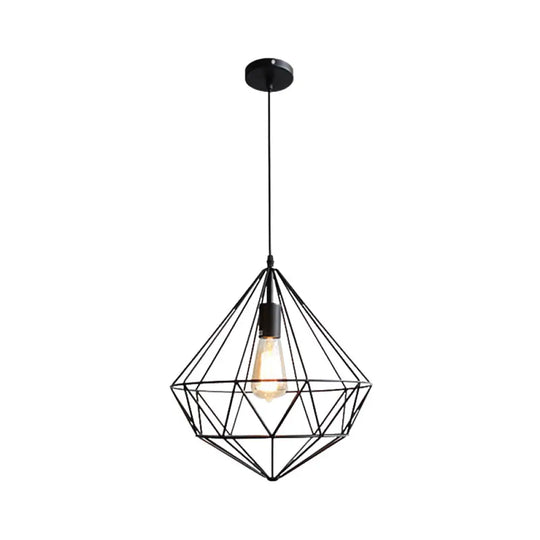 Vintage Black Diamond Cage Iron Hanging Lamp - Single-Bulb Dining Room Light / C