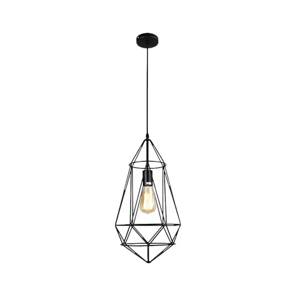 Vintage Black Diamond Cage Iron Hanging Lamp - Single-Bulb Dining Room Light / D