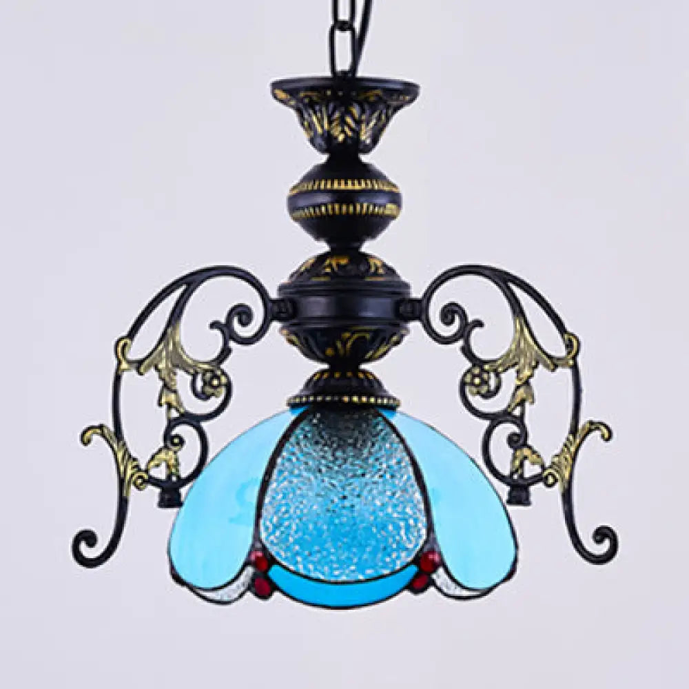 Vintage Black Finish Tiffany Petal Pendant Lamp - Stained Glass Hanging Light 1-Light Clear/Blue