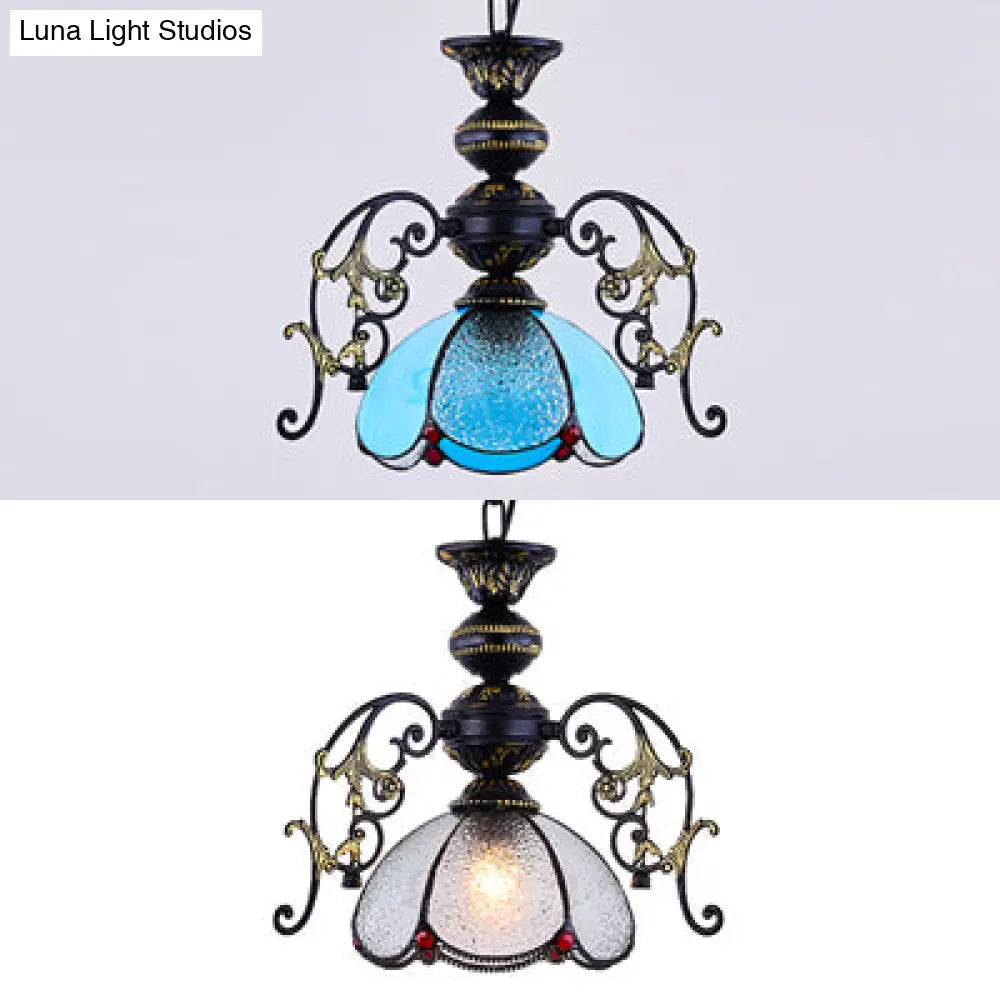 Vintage Black Finish Tiffany Petal Pendant Lamp - Stained Glass Hanging Light 1-Light Clear/Blue