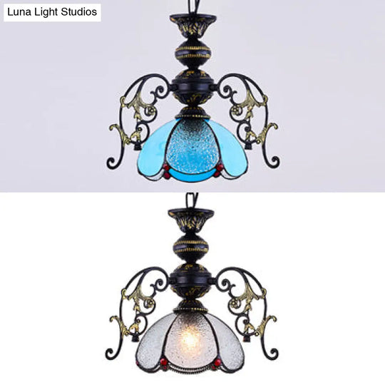 Vintage Black Finish Tiffany Petal Pendant Lamp - Stained Glass Hanging Light 1-Light Clear/Blue