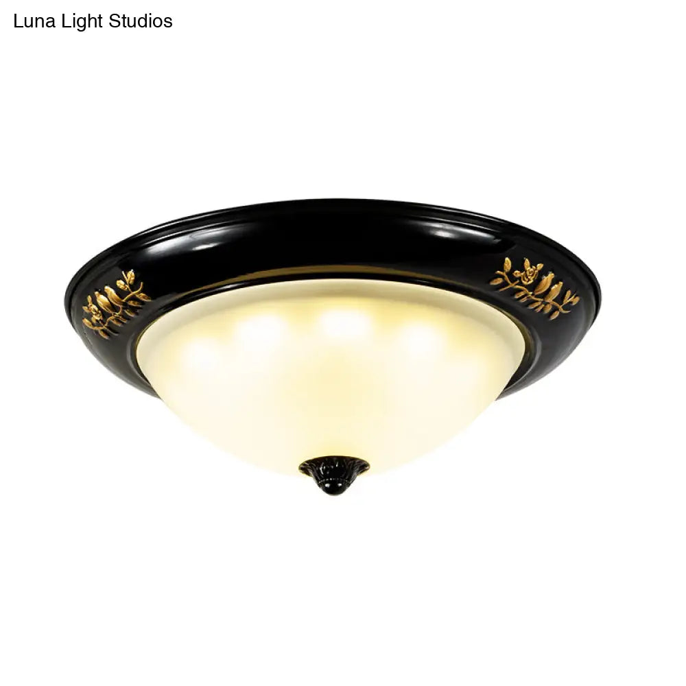 Vintage Black Flush Ceiling Light With Opal Glass Shade For Traditional Living Rooms