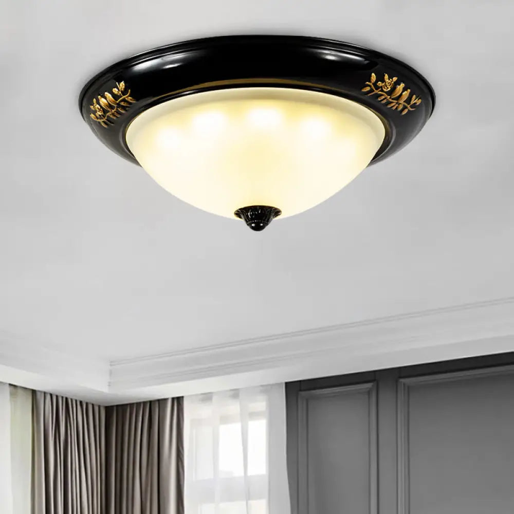 Vintage Black Flush Ceiling Light With Opal Glass Shade For Traditional Living Rooms