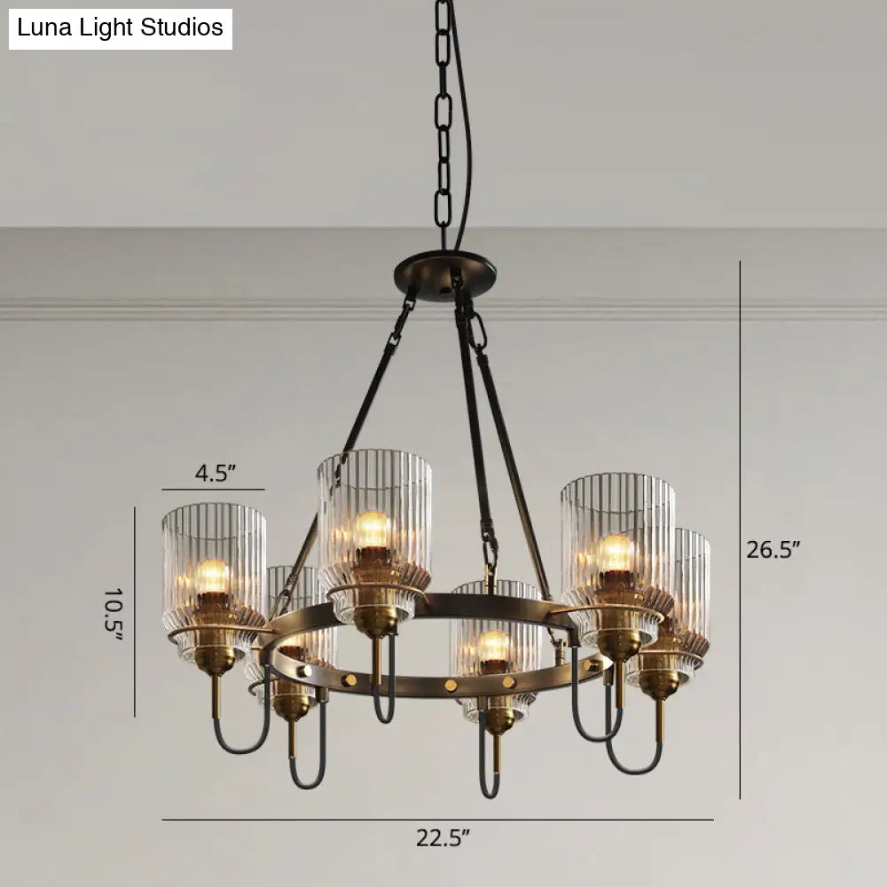 Vintage Black Glass Ribbed Chandelier - Cylindrical Suspension Lamp For Dining Room