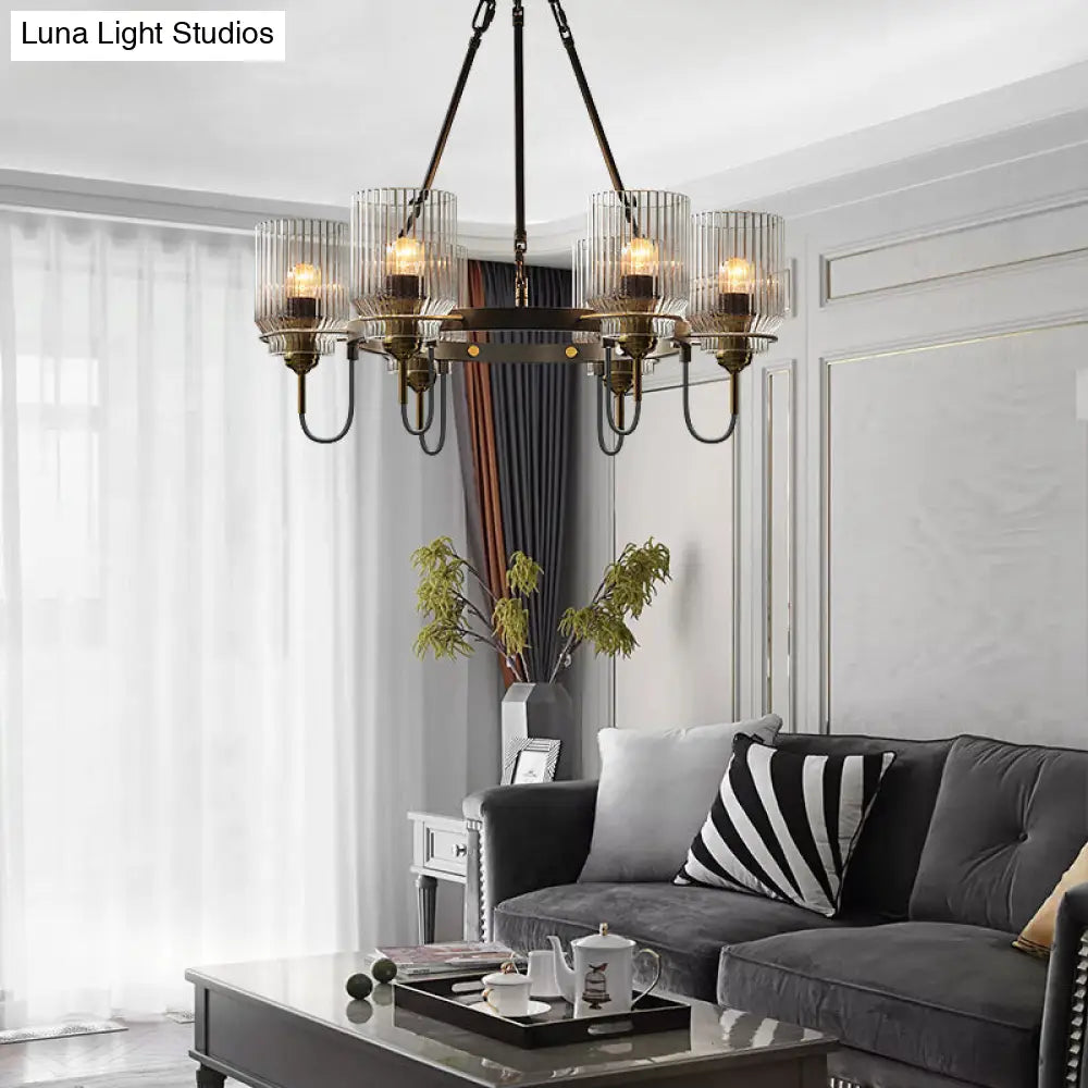 Vintage Ribbed Glass Chandelier For Dining Room - Cylindrical Suspension Lamp In Black 6 /