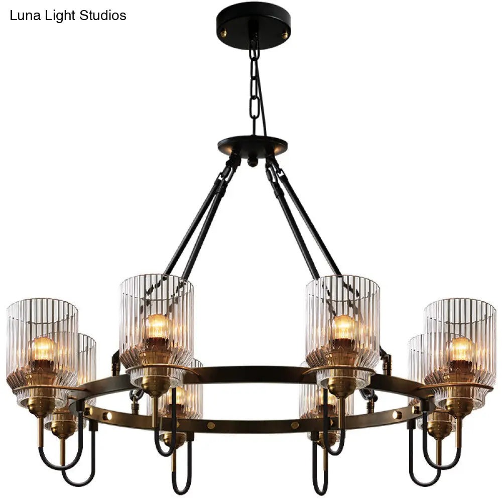 Vintage Black Glass Ribbed Chandelier - Cylindrical Suspension Lamp For Dining Room