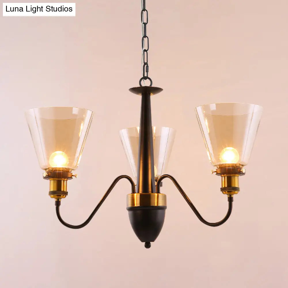 Vintage Black & Gold Chandelier Lamp: 3/5 Bulbs Clear Glass Pendulum