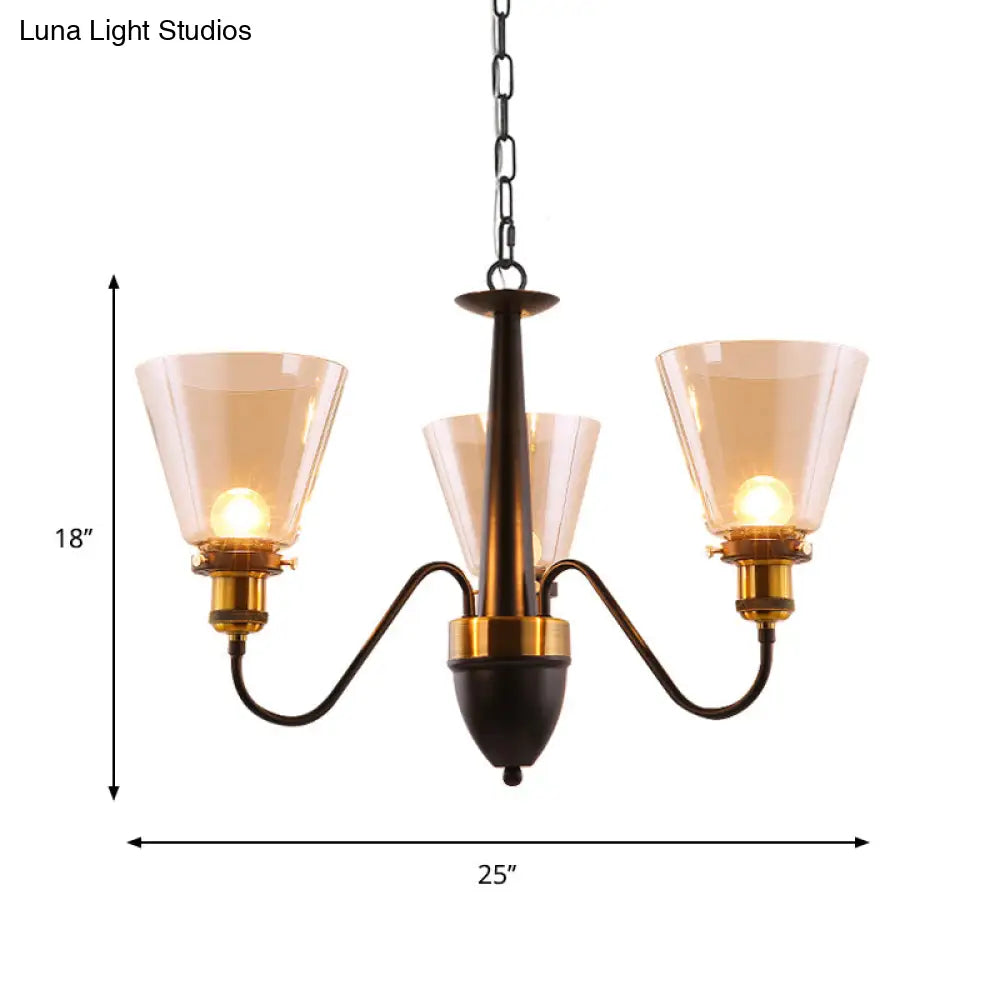 Vintage Black & Gold Chandelier Lamp: 3/5 Bulbs Clear Glass Pendulum