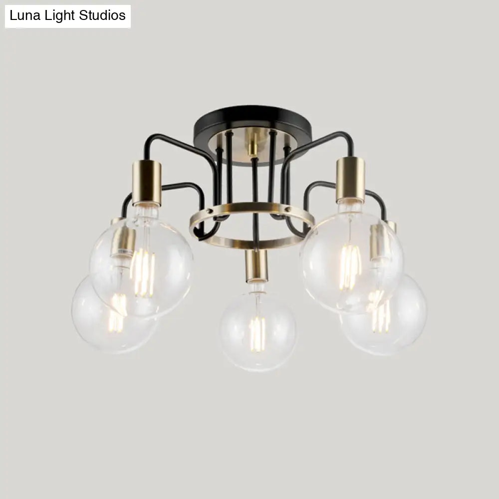 Vintage Black & Gold Semi - Flush Ceiling Lamp With Clear Glass - Ideal For Living Rooms (3/5 -