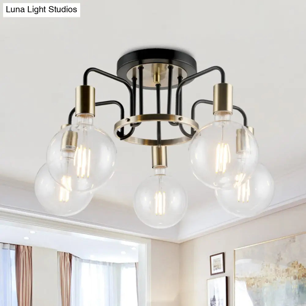 Vintage Black & Gold Semi-Flush Ceiling Lamp With Clear Glass - Ideal For Living Rooms (3/5-Bulb) 5