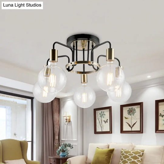Vintage Black & Gold Semi-Flush Ceiling Lamp With Clear Glass - Ideal For Living Rooms (3/5-Bulb)