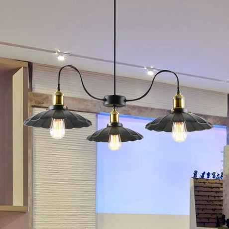 Vintage Black Iron Ceiling Chandelier With Gooseneck Arms & Scalloped Shade - 3 Heads