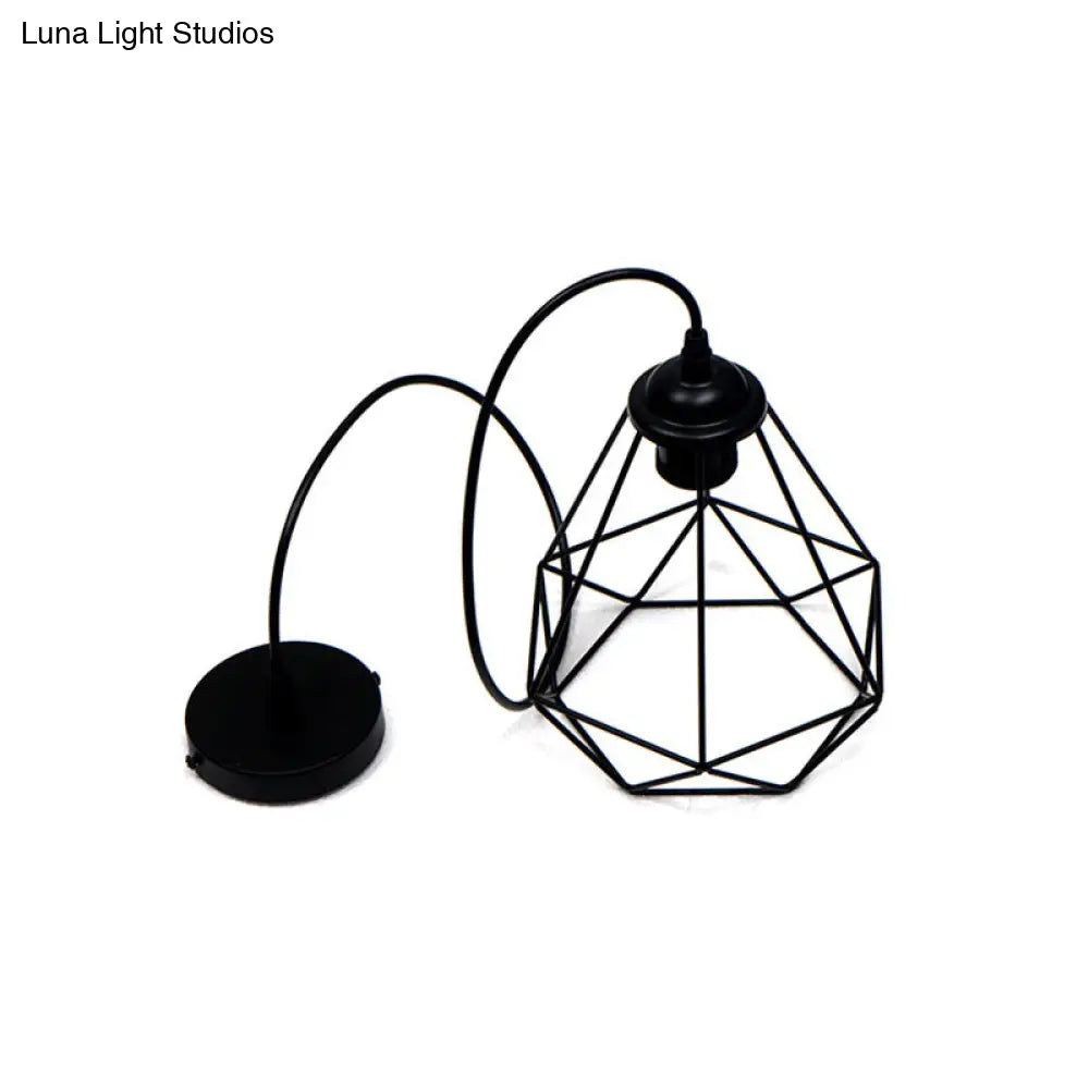 Vintage Black Iron Diamond Ceiling Lamp For Dining Room Single-Bulb Hanging Light