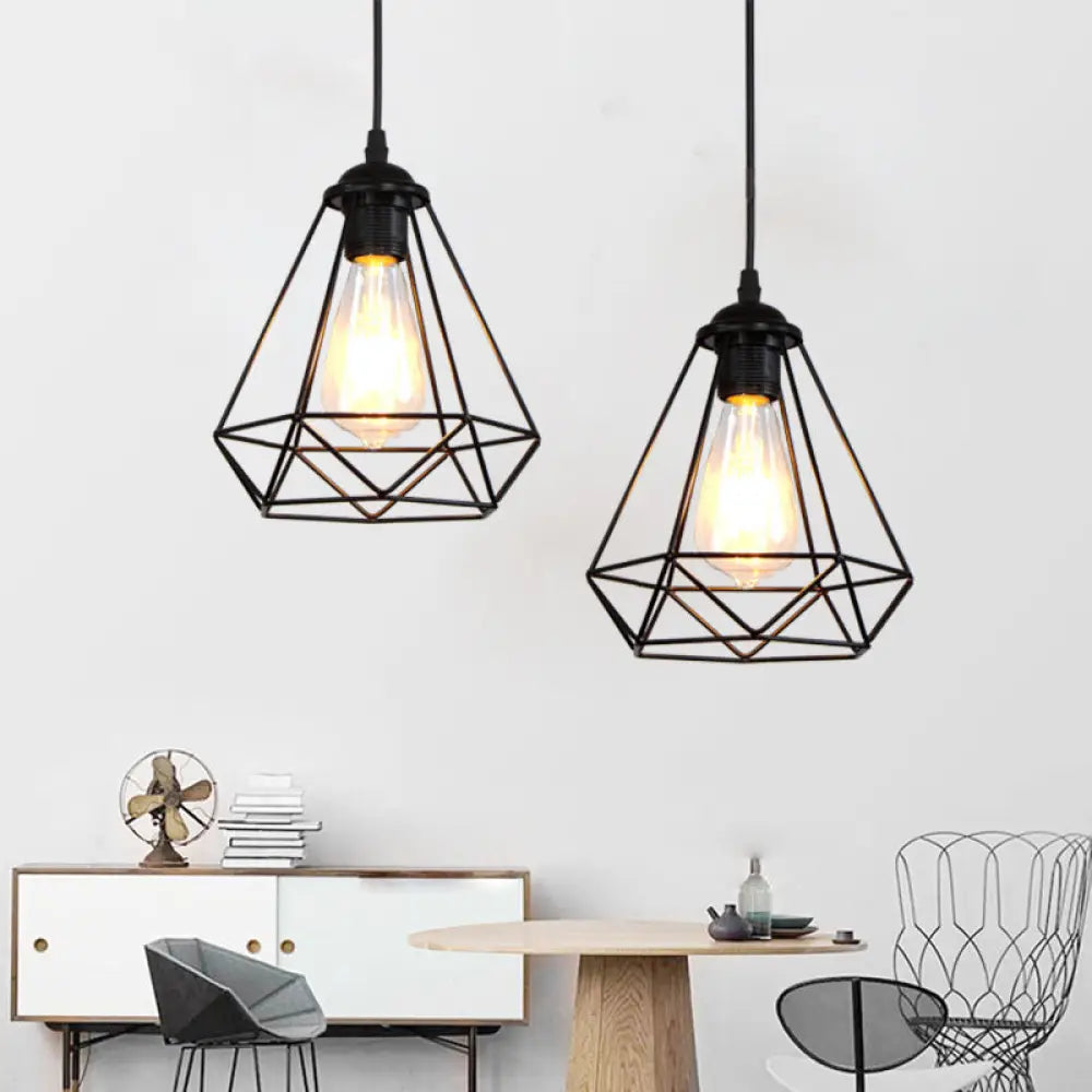 Vintage Black Iron Diamond Ceiling Lamp For Dining Room Single-Bulb Hanging Light