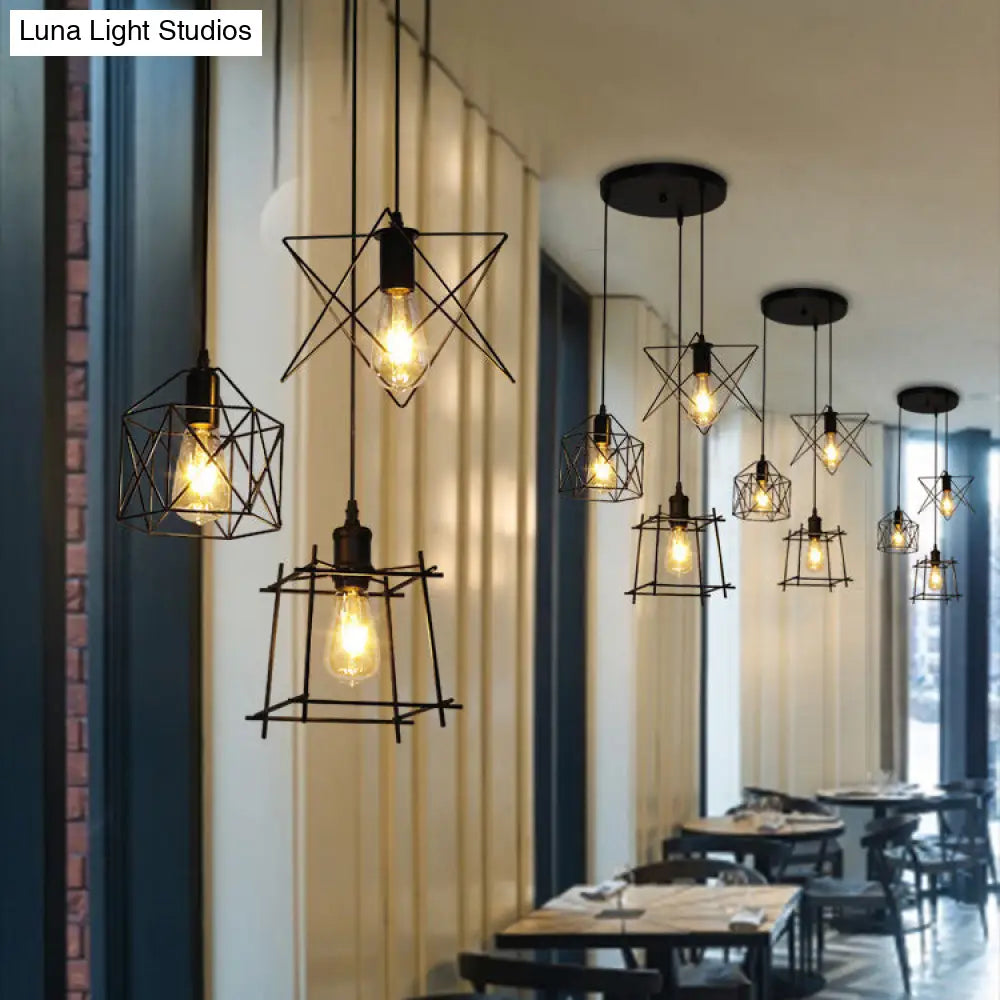Vintage Black Wire Frame Pendant Lamp With 3 Unique Shades: Ideal Coffee Shop Lighting Fixture