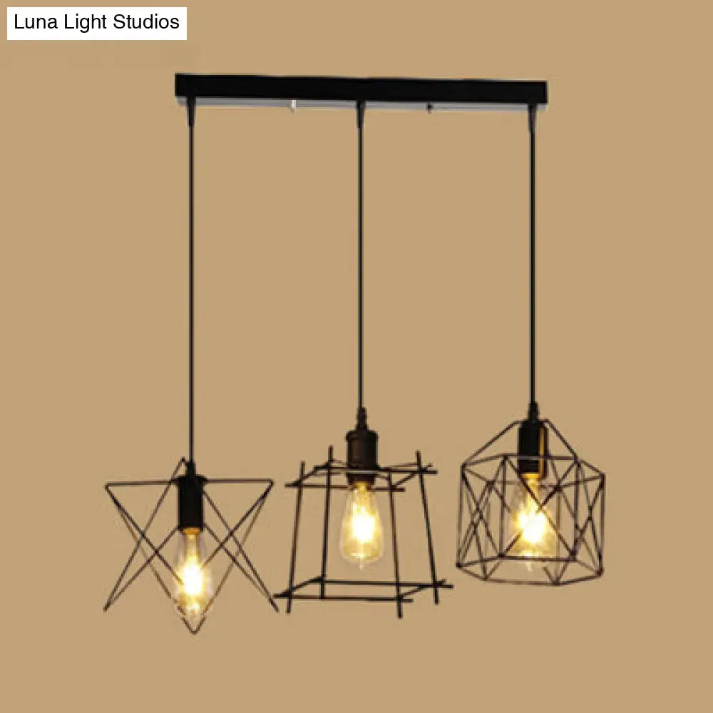 Vintage Black Iron Pendant Light With 3 Wire Frame Shades – Ideal For Coffee Shops