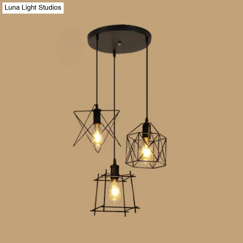 Vintage Black Iron Pendant Light With 3 Wire Frame Shades – Ideal For Coffee Shops