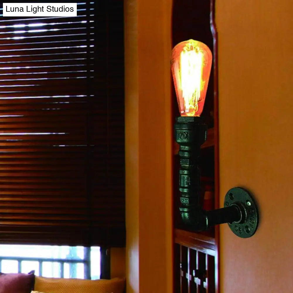 Vintage Black Iron Pipe Lamp: Corner Wall Mount Bare Bulb Light Fixture