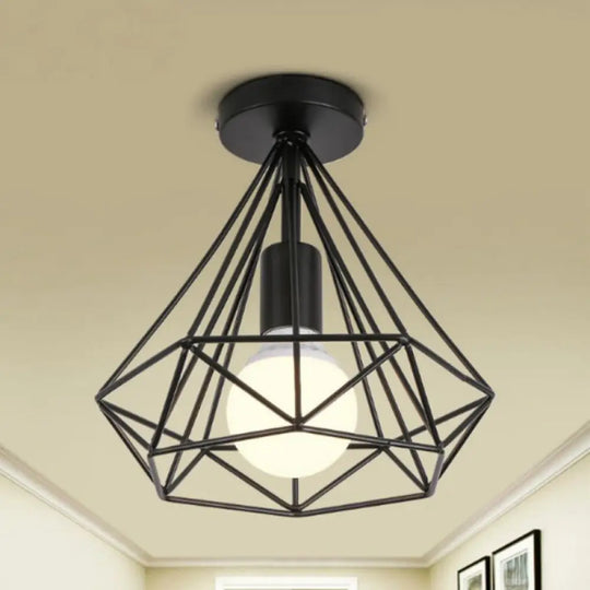 Vintage Black Iron Wire Diamond Ceiling Flush Light With 1 - Light Passageway Mount