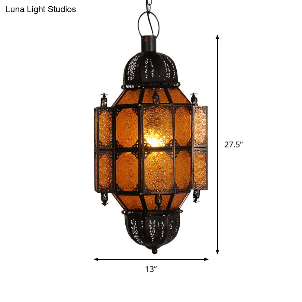 Vintage Black Lantern Pendant With Yellow Textured Glass Shade - 1-Bulb Restaurant Ceiling Light