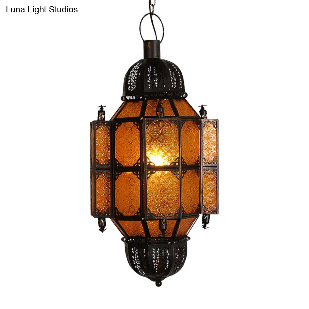 Vintage Black Lantern Pendant With Yellow Textured Glass Shade - 1-Bulb Restaurant Ceiling Light