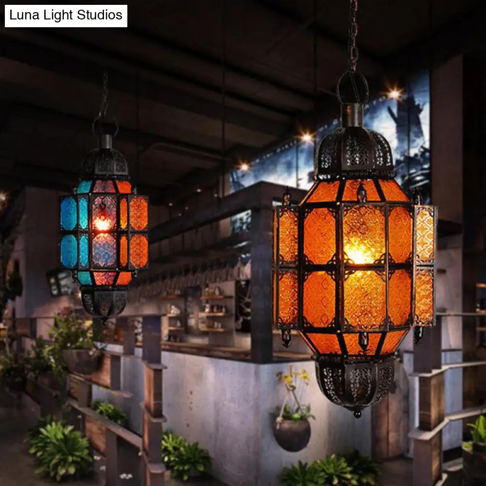 Vintage Black Lantern Pendant With Yellow Textured Glass Shade - 1-Bulb Restaurant Ceiling Light