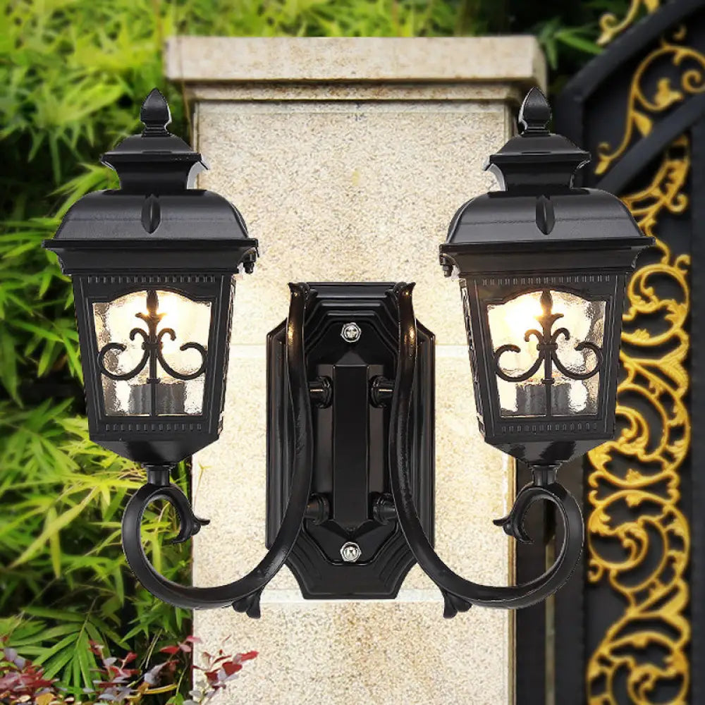 Vintage Black Lantern Wall Mount Lighting With Clear Glass - Curved Arm Design 2 Bulbs