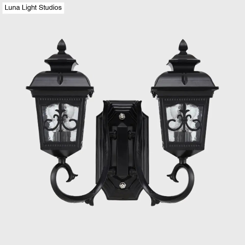 Vintage Black Lantern Wall Mount Lighting With Clear Glass - Curved Arm Design 2 Bulbs