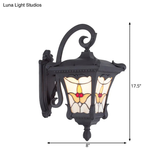 Vintage Black Lantern Wall Sconce: Flower Patterned Patio Mount Light